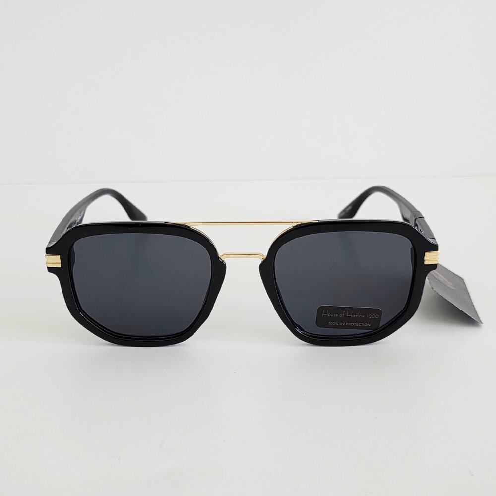 House of Harlow 1960 Black & Gold Squared Oval Double Bridge Sunglasses 100% UV